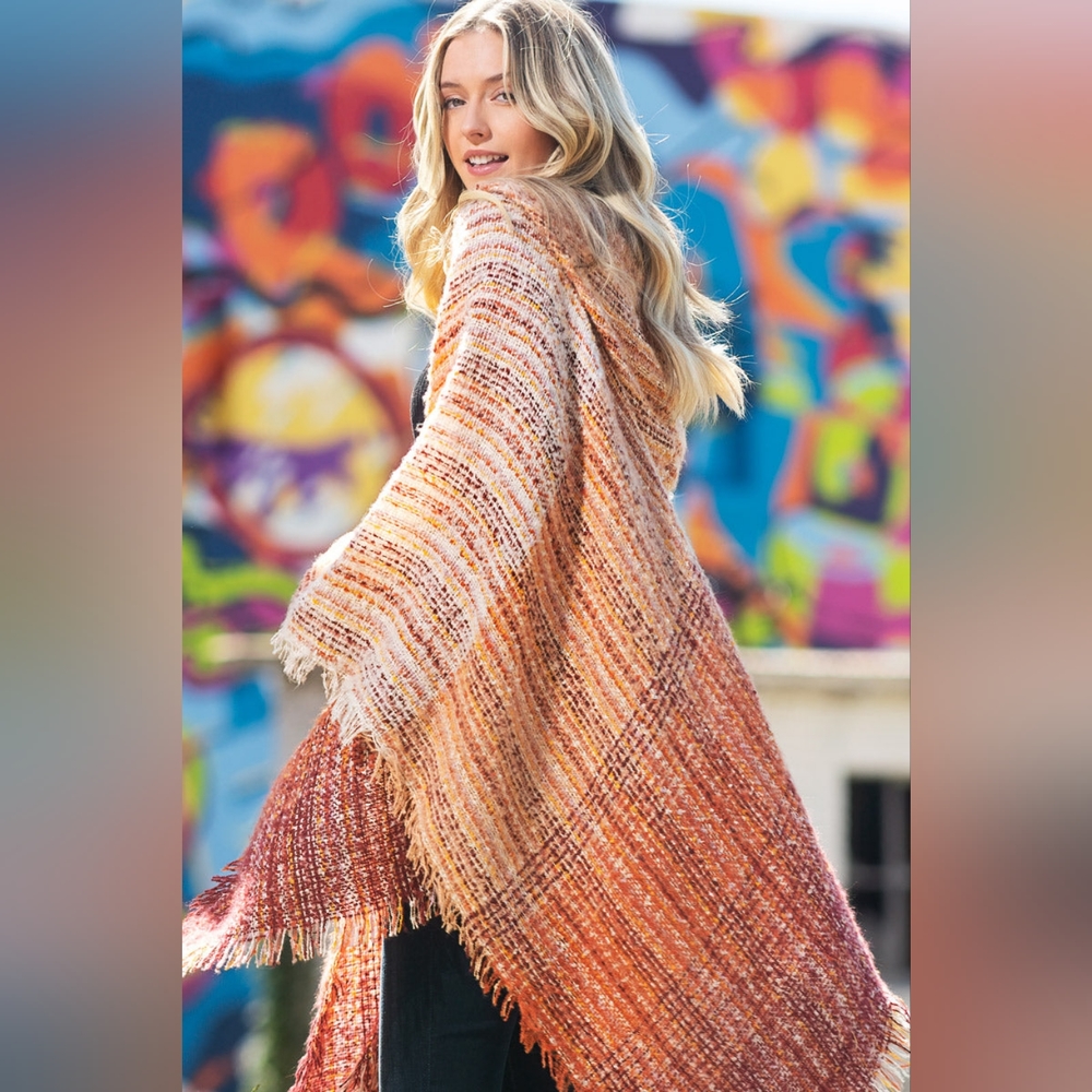 Autumn Sunrise Hooded Ruana - Bottom & Side Fringe - Multicolored Yarns - Picture 6 of 7